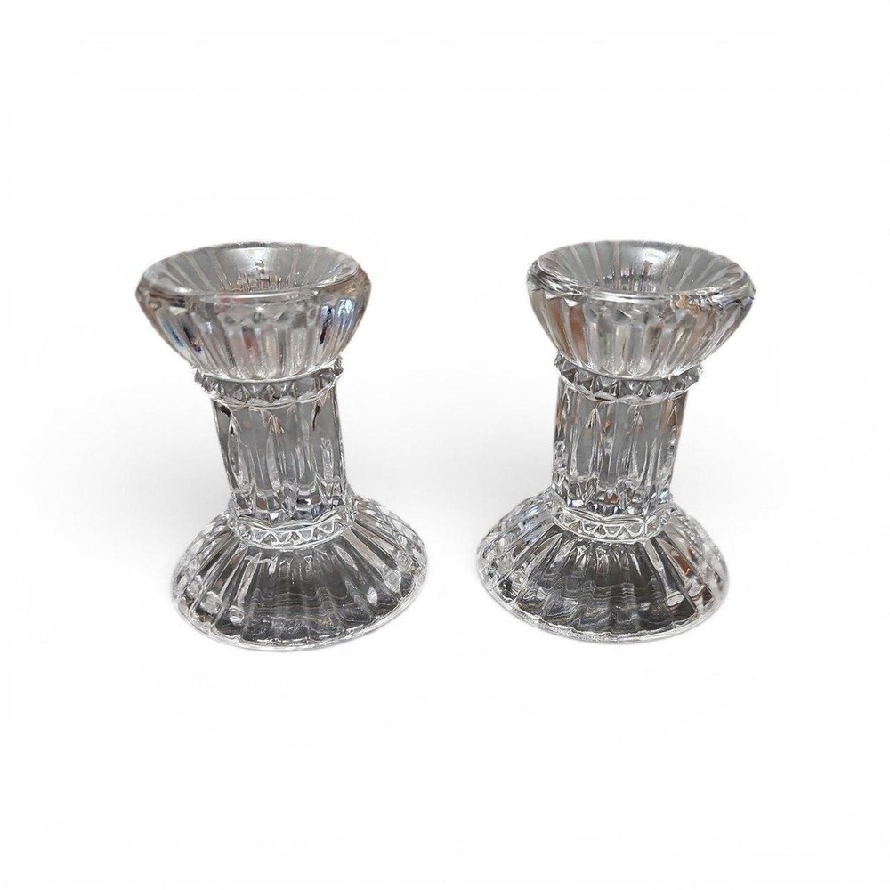Mikasa Crystal Candlestick Holders Set of 2 Ribbed Cut Glass Taper Holders Clear